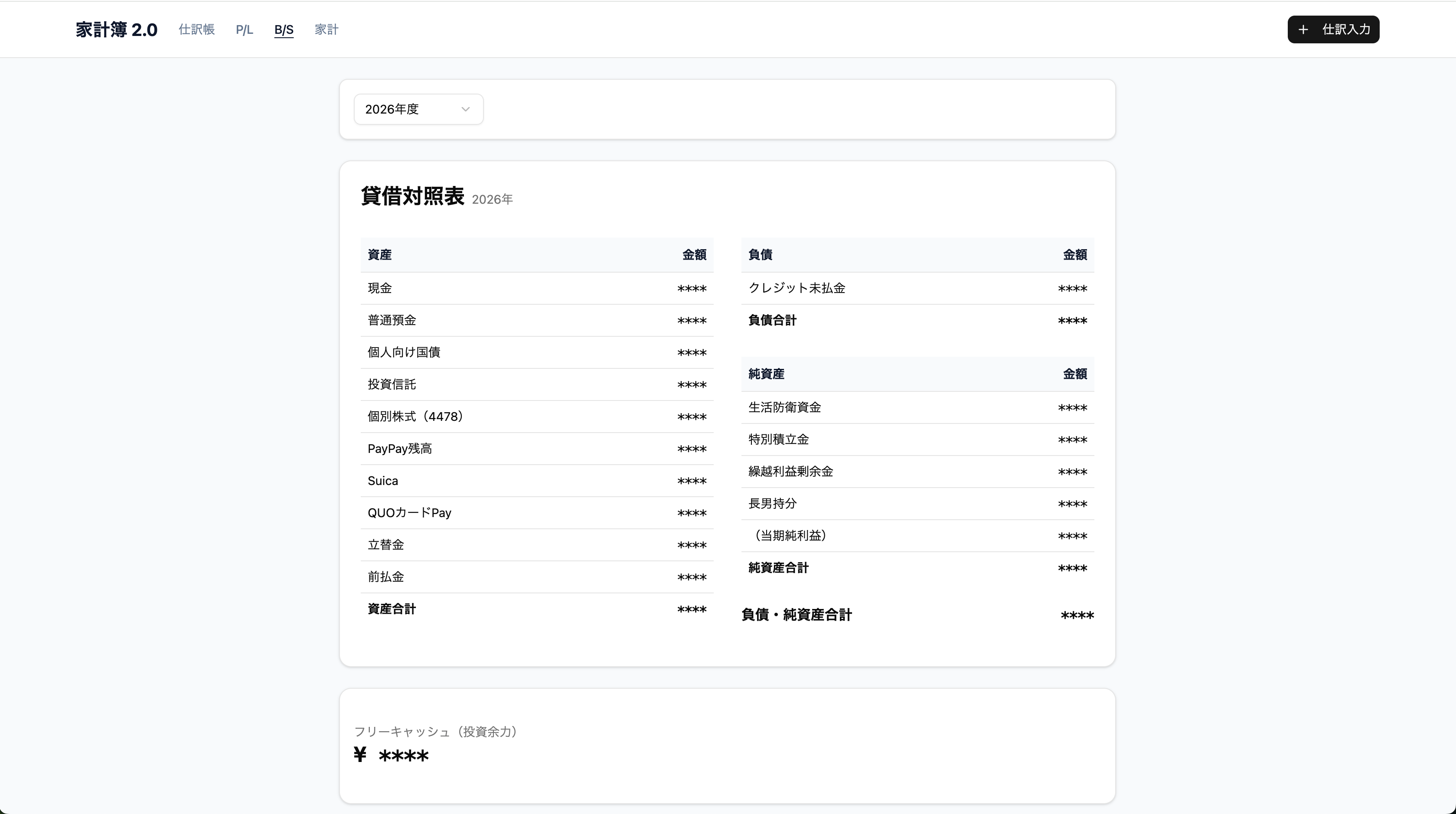 貸借対照表の画面